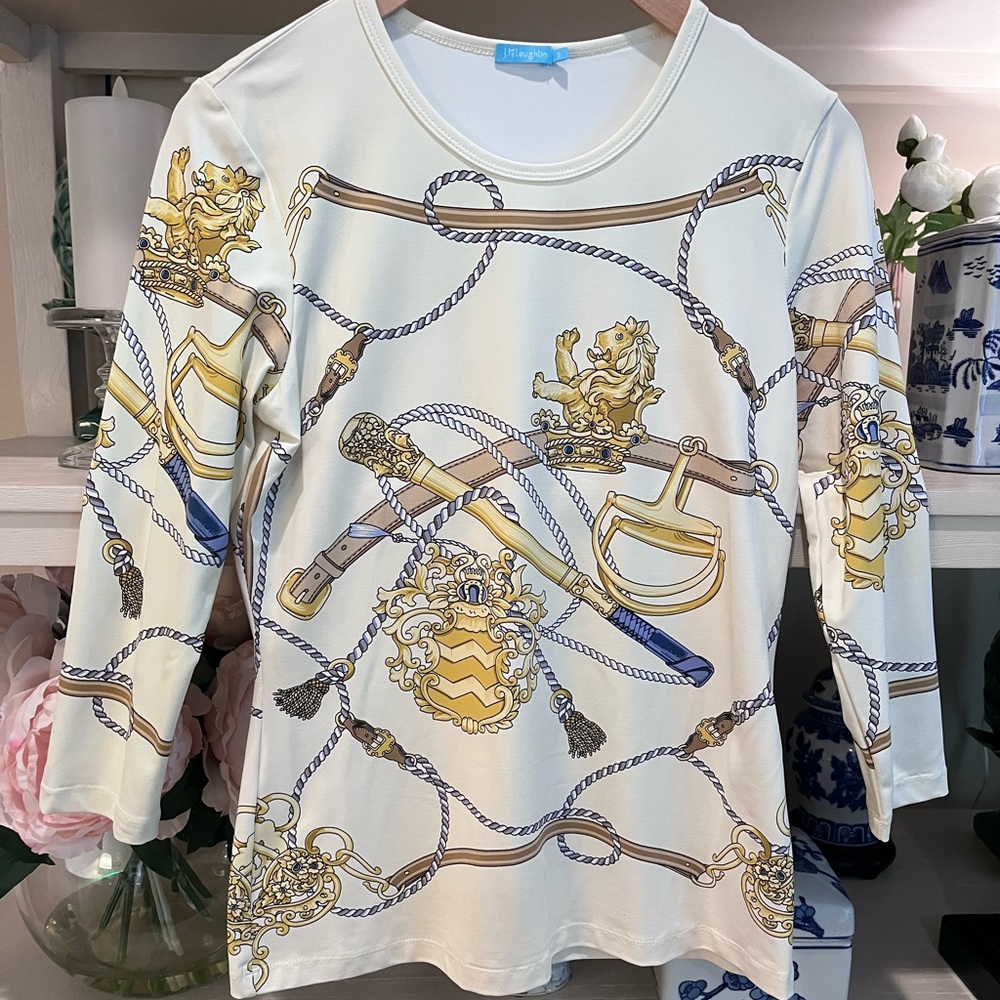 J. McLaughlin Cream and Gold Patterned Top